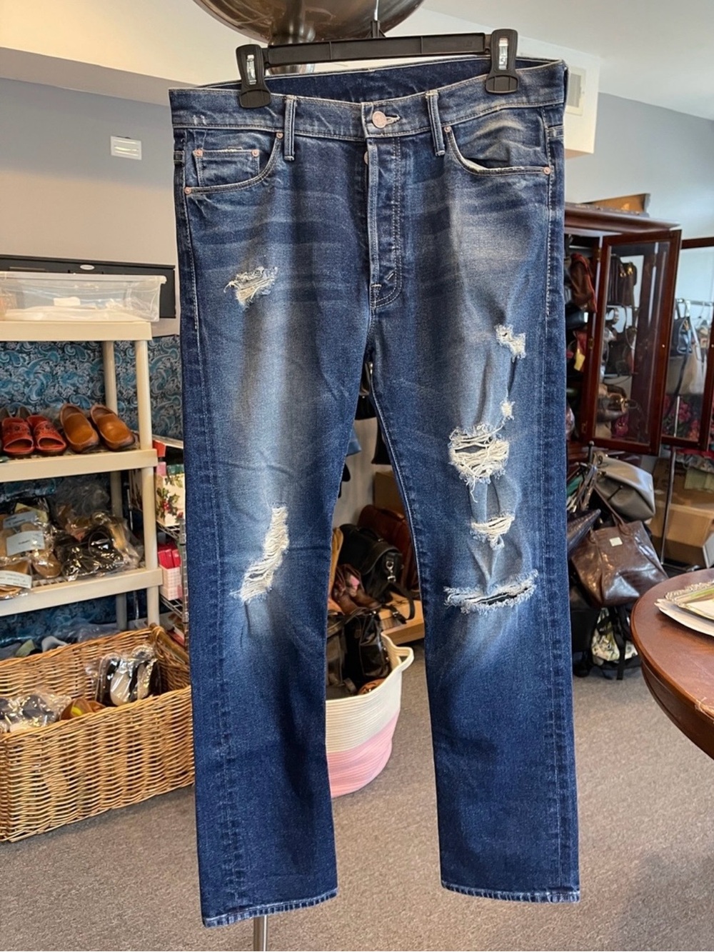 MOTHER Straight Leg Mid Rise Jeans 2015 Classic Dark Blue Distressed